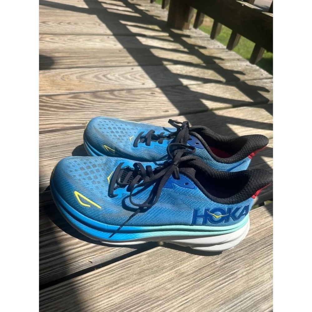 Hoka Clifton 9 Mens 9.5 Blue Teal Yellow Road Running Shoes 1127895 VRTL